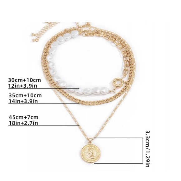 Multi Layered Necklace Pearl Coin Chain Portrait Pendant Necklace 3pc Set Gold - Picture 3 of 3